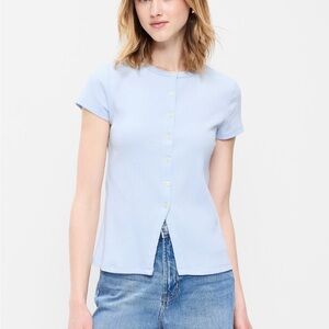 Old Navy Light Blue Ribbed Button-Front Short Sleeve Top